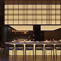 Japanese Restaurant Interior With Wooden Bar Counter Seats Warm Lighting And Lattice Ceiling Screen