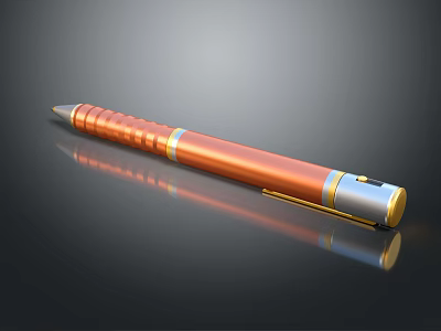 Orange Pen with Gold Accents Spiral Pattern on Black Smooth Surface and Reflection 3d model
