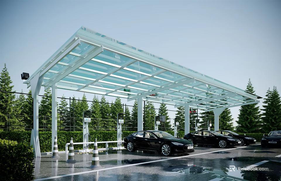 Glass Canopy Covering Outdoor Electric Vehicle Charging Parking Area with Trees 3d model 