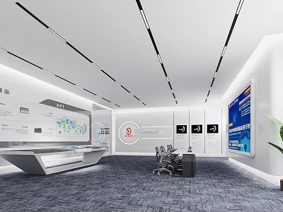 Modern Exhibition Space Interior Design With Display Screens Conference Furniture And Lighting 3d model
