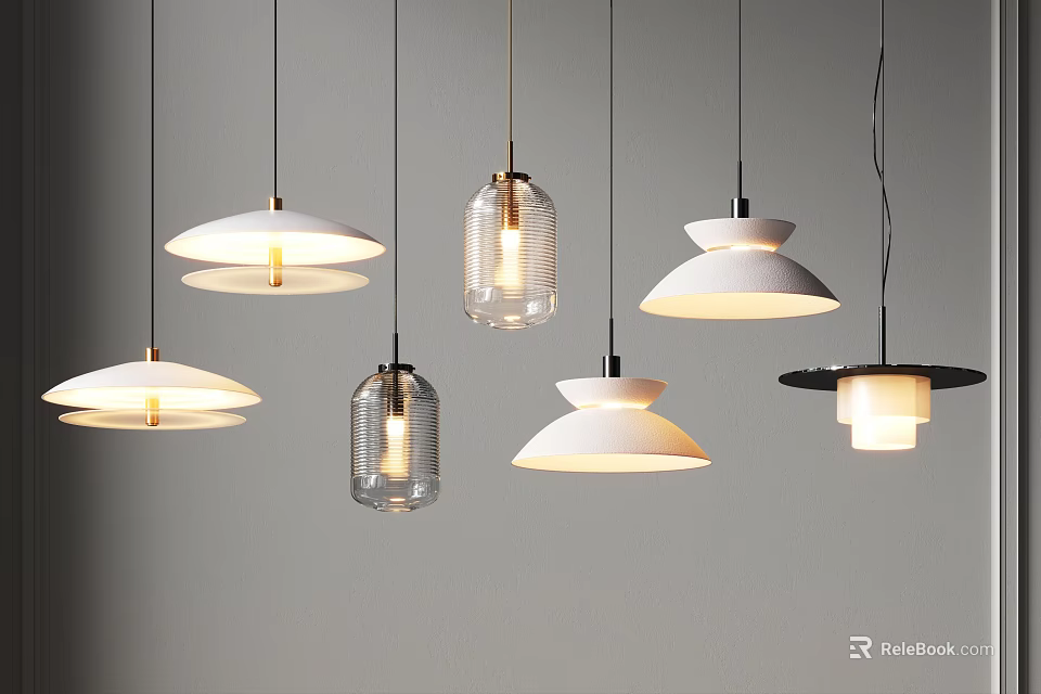 Various Modern Pendant Lights With Glass And Dome Shades For Interior Lighting Design 3d model 