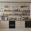 Modern Organized Kitchen With Essential Appliances On Countertop And Shelves