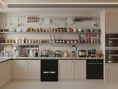 Modern Organized Kitchen With Essential Appliances On Countertop And Shelves 3d model