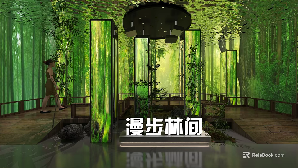Lush Bamboo Forest Walkway With Green Pillars Water Reflection And People Strolling 3d model 