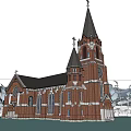 European Church Architecture with Red Brick Tall Spires Clock Tower and Palm Trees Water Reflection
