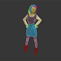 Green Hair Game Movie Character With Black White Top Blue Skirt Brown Boots Standing Pose