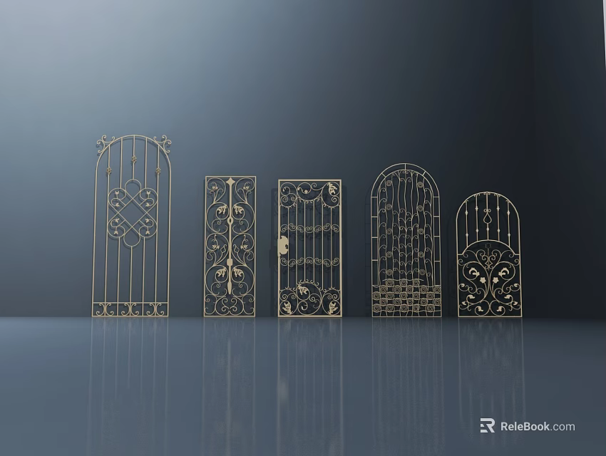 Golden Wrought Iron Grille Designs With Various Intricate Patterns Displayed 3d model