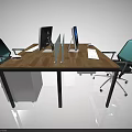 Modern Office Desk with Wooden Top Two Computer Monitors Keyboard Mouse and Blue Chairs