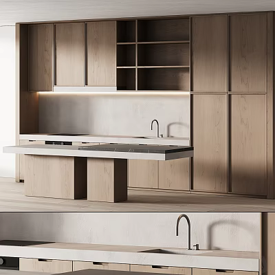 Modern Minimalist Kitchen Interior Design With Wooden Cabinets Island Counter And Sink 3d model