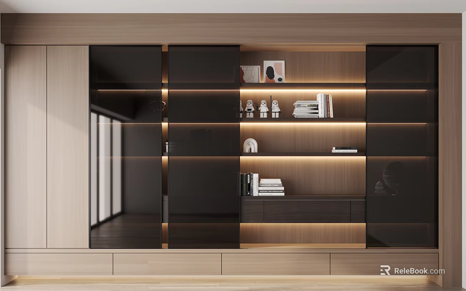 Modern Wooden Bookcase Design With LED Lights Open Shelves And Decorative Items 3d model 