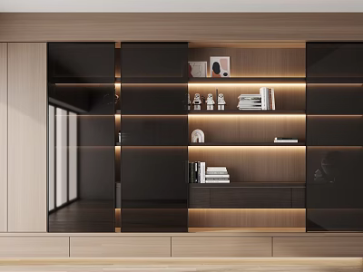 Modern Wooden Bookcase Design With LED Lights Open Shelves And Decorative Items 3d model