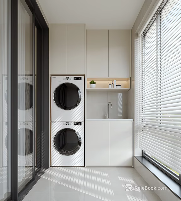 Modern Home Balcony Design With Stacked Washing Machines White Cabinets Window Blinds And Plant 3d model 