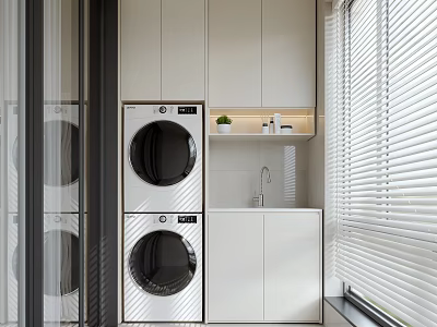 Modern Home Balcony Design With Stacked Washing Machines White Cabinets Window Blinds And Plant 3d model