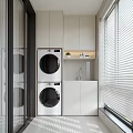 Modern Home Balcony Design With Stacked Washing Machines White Cabinets Window Blinds And Plant