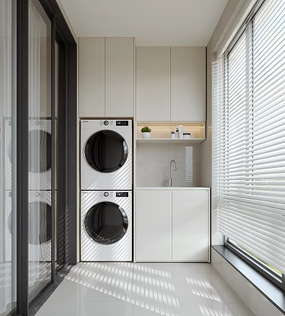 Modern Home Balcony Design With Stacked Washing Machines White Cabinets Window Blinds And Plant 3d model