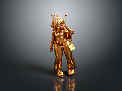 Golden Astronaut Figure Standing With Shiny Surface Detailed Backpack And Antennas Design 3d model