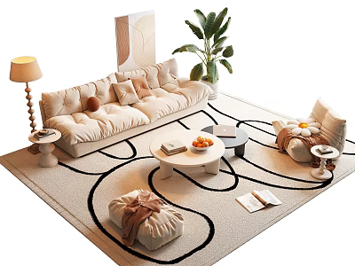 Cozy Beige Sofa Coffee Table Set with Round Table Throw Pillows Potted Plant on Rug 3d model