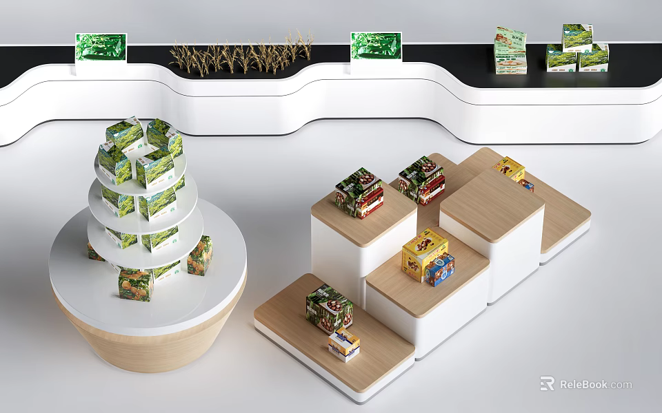 Modern Display Shelves With Wooden White Stands And Round Tiered Design For Packaged Goods 3d model 