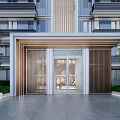 Modern Multistory Building Entrance Gate with Glass Doors Wooden Accents Canopy and Surrounding Greenery