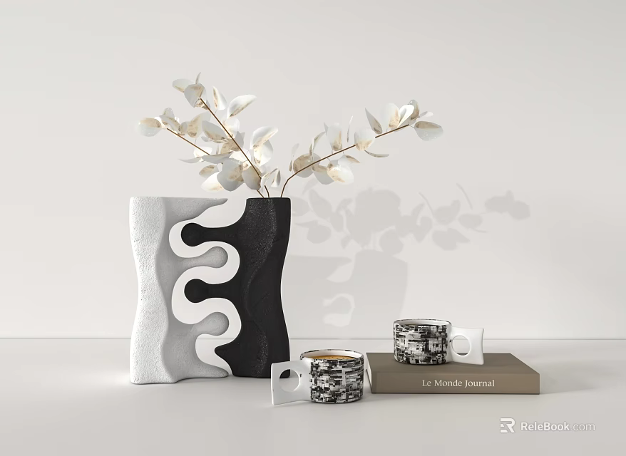 Black And White Wavy Vase With White Floral Branches And Decorative Jars On Books 3d model 
