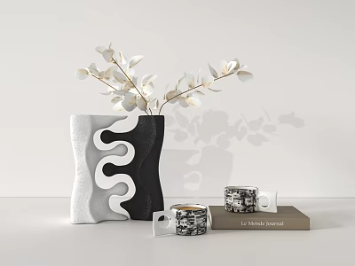Black And White Wavy Vase With White Floral Branches And Decorative Jars On Books 3d model