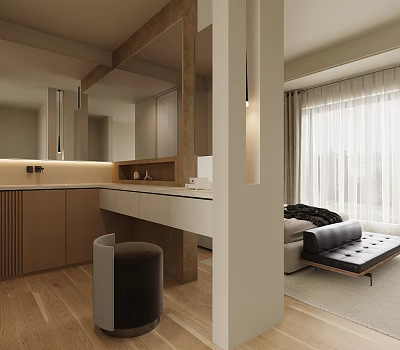 Modern Bathroom Interior Design With Wooden Cabinets Vanity Counter Mirror Lighting And Wooden Floor 3d model