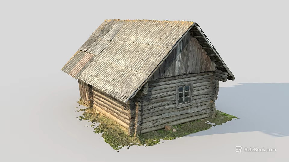 Rustic Log Cabin With Weathered Wooden Roof And Small Window On Green Grass 3d model 