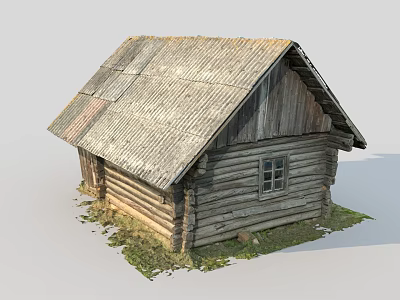 Rustic Log Cabin With Weathered Wooden Roof And Small Window On Green Grass 3d model