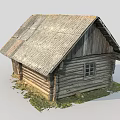 Rustic Log Cabin With Weathered Wooden Roof And Small Window On Green Grass