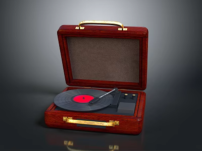 Vintage Wooden Vinyl Record Player With Gold Handles Open Lid Red Center Record 3d model