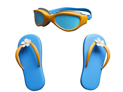 Blue Flip Flops With White Flower Decoration For Summer Beach Wear 3d model