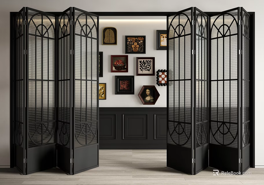 Modern Black Folding Doors With Lattice Design In Interior Space With Decorative Artworks 3d model 