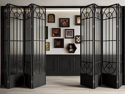 Modern Black Folding Doors With Lattice Design In Interior Space With Decorative Artworks 3d model