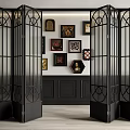 Modern Black Folding Doors With Lattice Design In Interior Space With Decorative Artworks