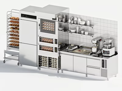 Professional Stainless Steel Kitchen Equipment With Ovens Baking Racks Mixers And Utensils 3d model