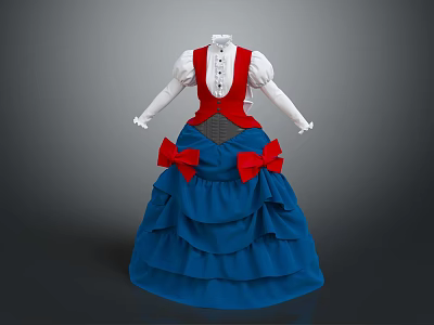 Elegant Dress With Red Vest White Sleeves Blue Layered Skirt And Red Bows 3d model