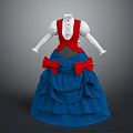 Elegant Dress With Red Vest White Sleeves Blue Layered Skirt And Red Bows