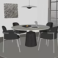 Modern Round Dining Table Set With Black Chairs Metal Legs And Abstract Wall Art