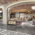 Luxury Modern Hotel Lobby Interior With Chandelier Sofa Seating Geometric Rug And Decorative Columns