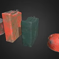 Vintage Colored Metal Fuel Cans With Gas Label Different Sizes And Designs