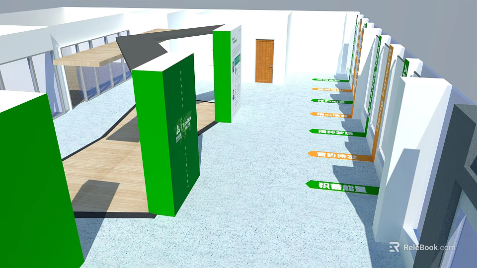 Open Exhibition Space With Green Display Panels And Directional Signage 3d model 