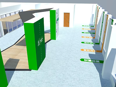 Open Exhibition Space With Green Display Panels And Directional Signage 3d model