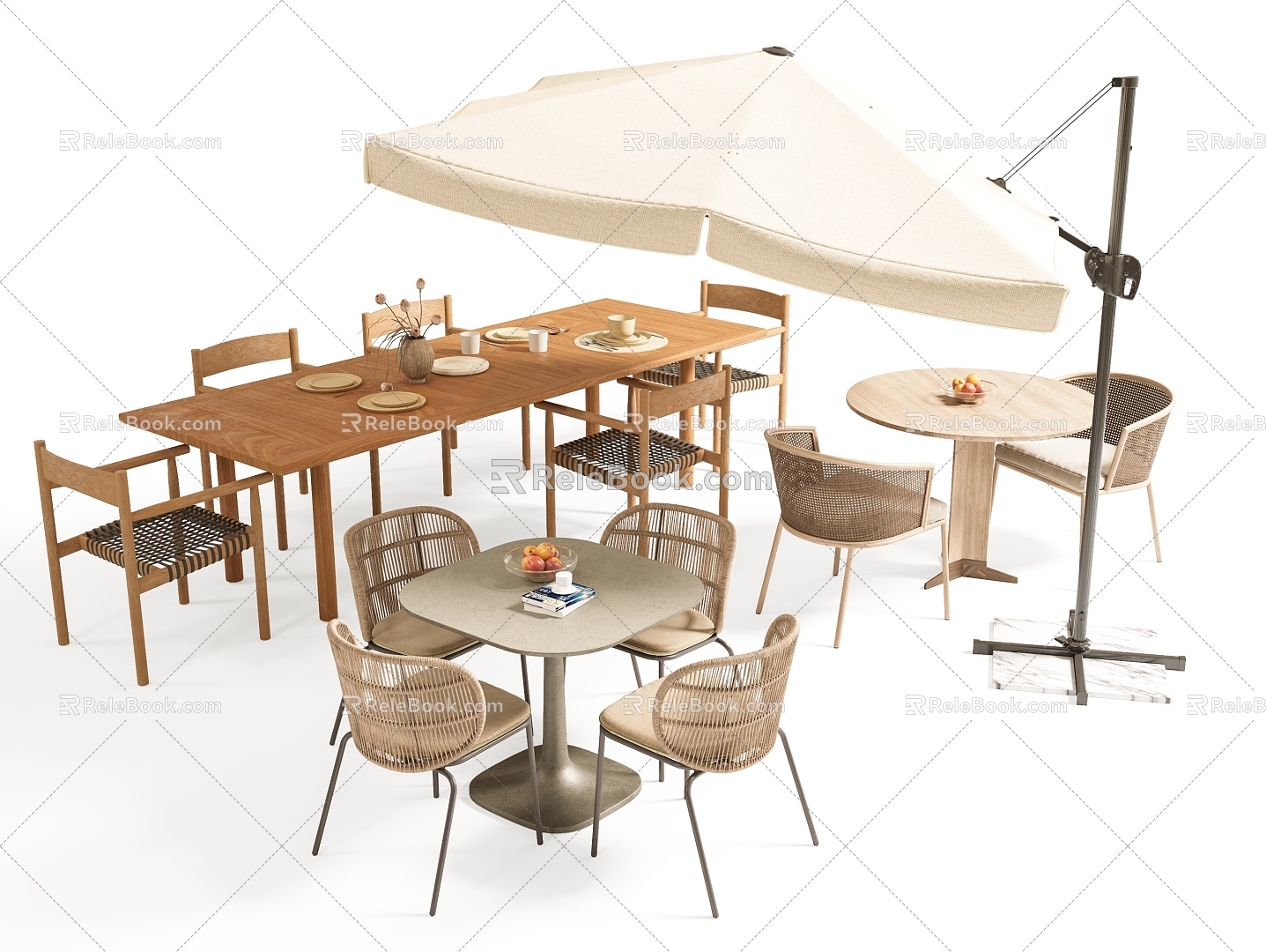 Outdoor Table and Chair Combination Camping Table and Chair Leisure Table and Chair Sunshade Umbrella Solid Wood Long Table and Chair 3d model