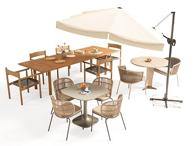 Outdoor Table and Chair Combination Camping Table and Chair Leisure Table and Chair Sunshade Umbrella Solid Wood Long Table and Chair 3d model