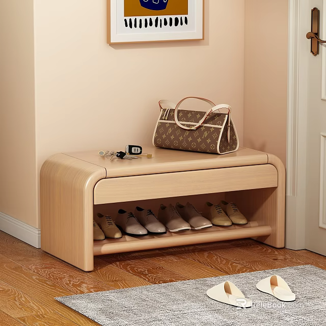 Light Wood Modern Shoe Bench with Storage Shelf for Shoes Handbag and Keys on Top 3d model 