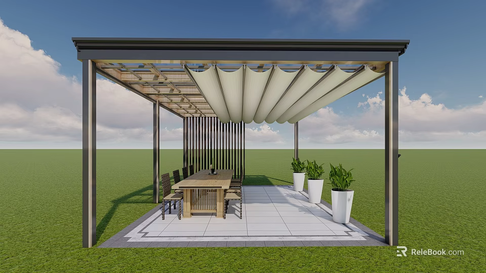 Modern Pergola With Retractable Awning Wooden Dining Table Chairs White Planters And Green Plants 3d model 