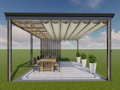 Modern Pergola With Retractable Awning Wooden Dining Table Chairs White Planters And Green Plants 3d model