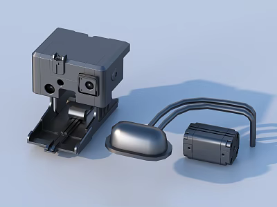 Black Mechanical Device Components With Square Body Curved Part And Cable 3d model