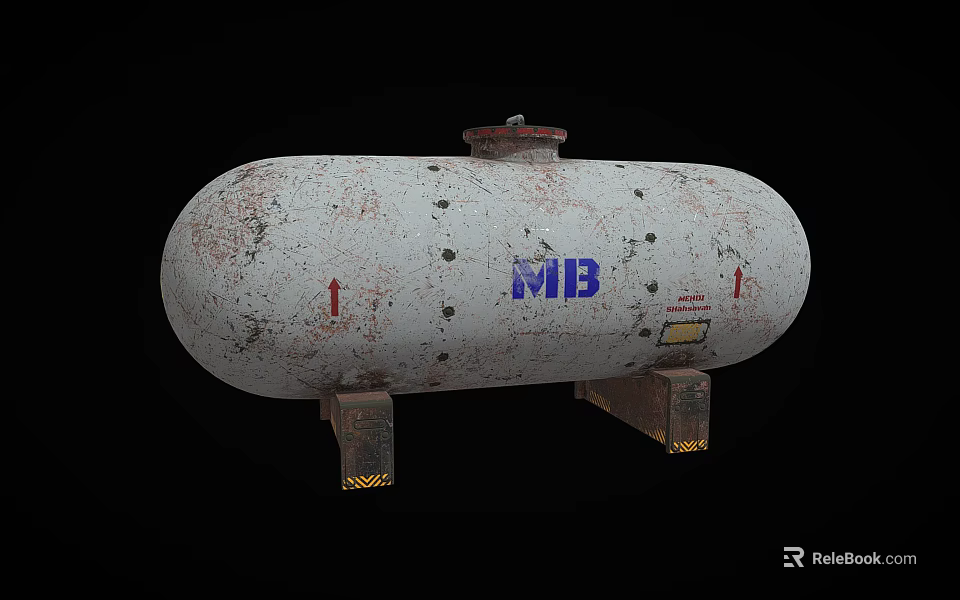 Rusty White Storage Tank With Blue MB Logo Red Number 1 And Base Stands 3d model 