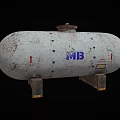 Rusty White Storage Tank With Blue MB Logo Red Number 1 And Base Stands